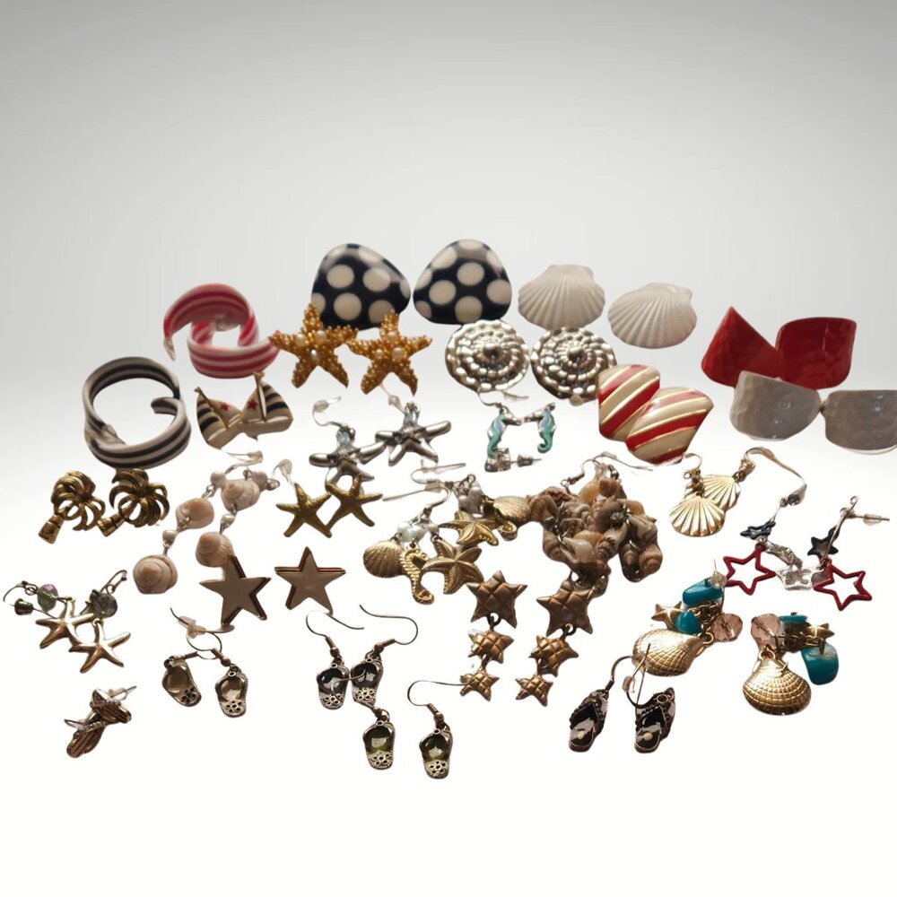 Vintage Nautical Beach Earrings Lot 28 Pair Starfish Shell Summer Resell